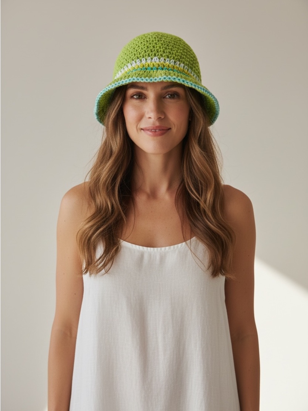 Handmade Crochet 100% cotton Bucket Hat in Lime Green with contrasting stitches